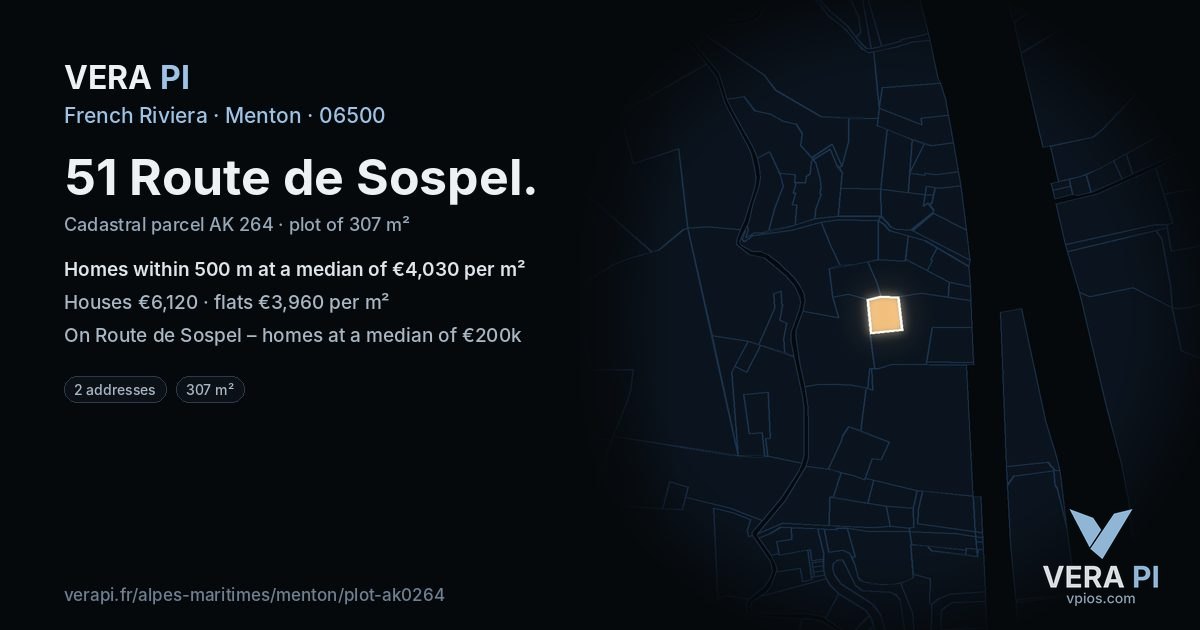 51 Route de Sospel, Menton at night – the plot lit, the parcels around coloured by the prices near them
