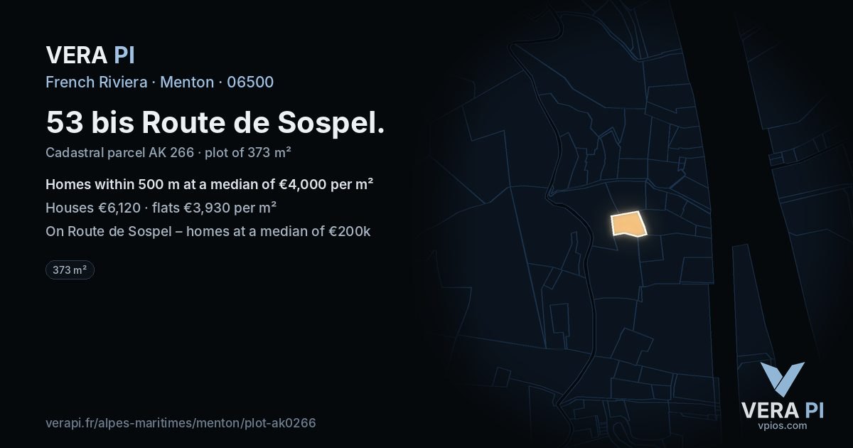 53 bis Route de Sospel, Menton at night – the plot lit, the parcels around coloured by the prices near them