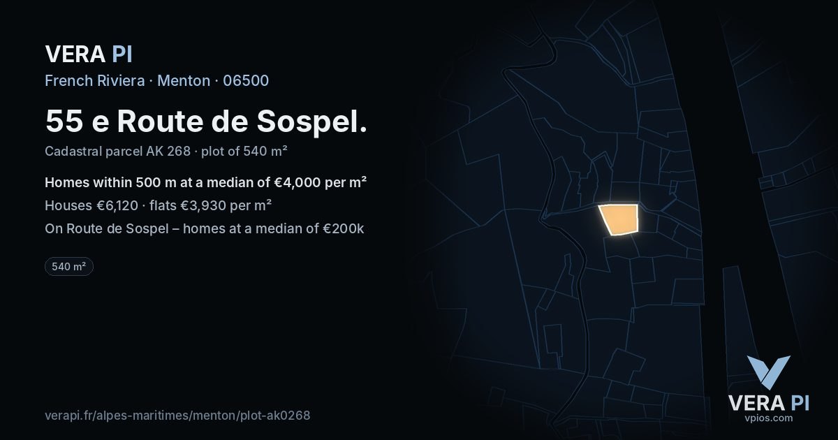 55 e Route de Sospel, Menton at night – the plot lit, the parcels around coloured by the prices near them