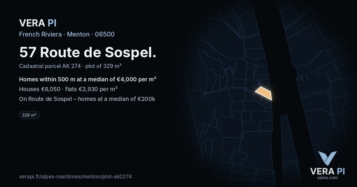 57 Route de Sospel, Menton at night – the plot lit, the parcels around coloured by the prices near them