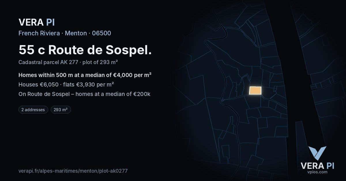 55 c Route de Sospel, Menton at night – the plot lit, the parcels around coloured by the prices near them
