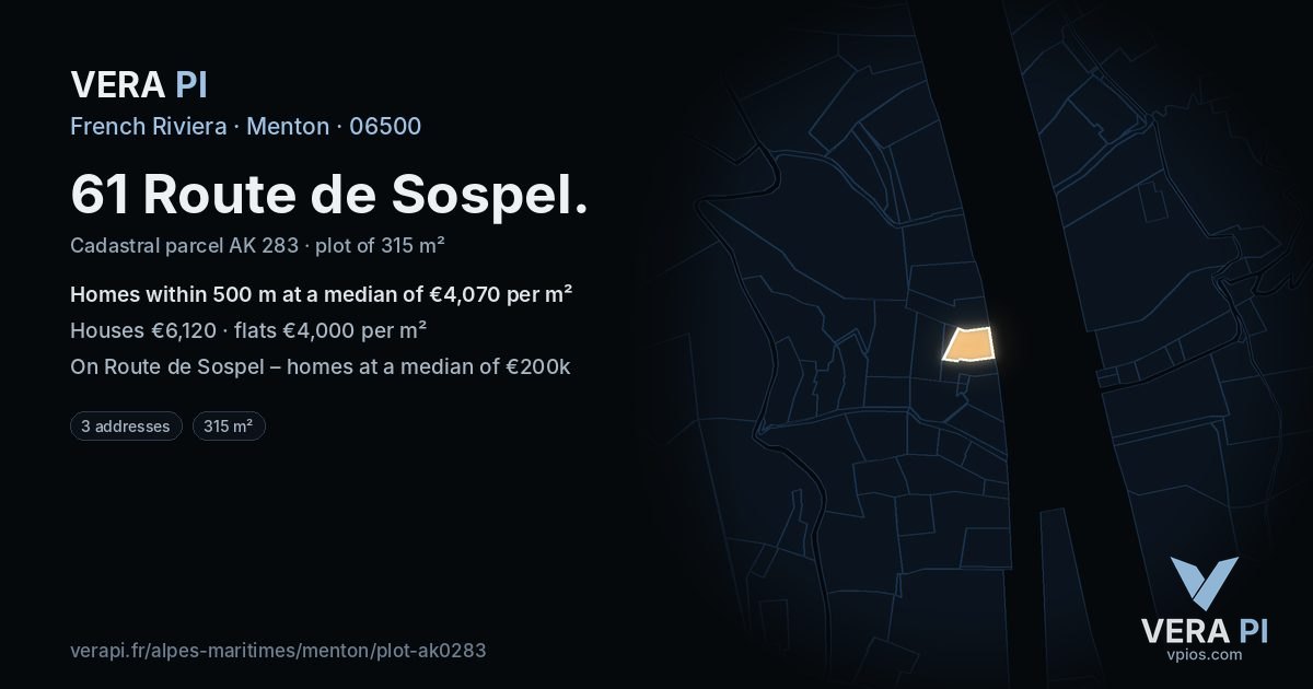 61 Route de Sospel, Menton at night – the plot lit, the parcels around coloured by the prices near them