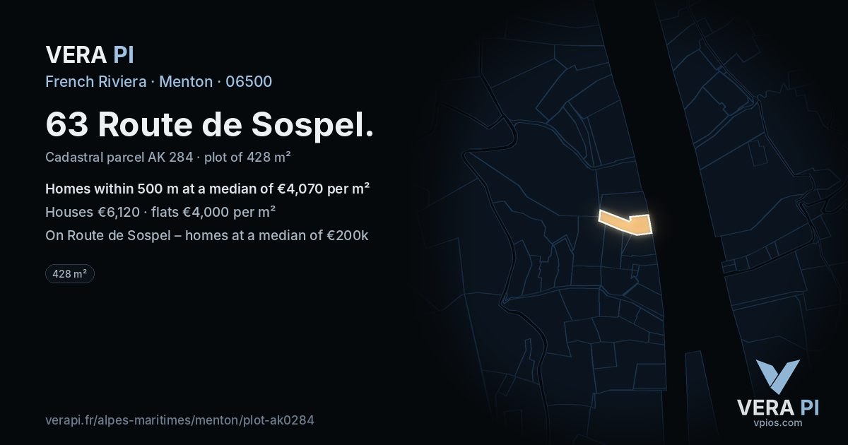 63 Route de Sospel, Menton at night – the plot lit, the parcels around coloured by the prices near them
