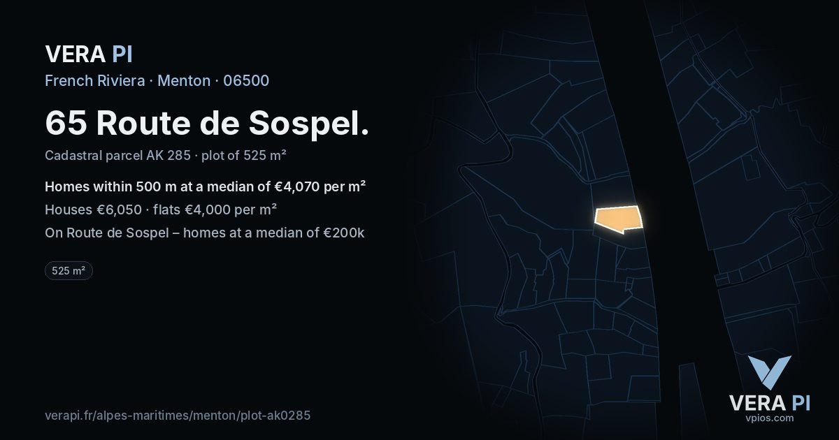 65 Route de Sospel, Menton at night – the plot lit, the parcels around coloured by the prices near them