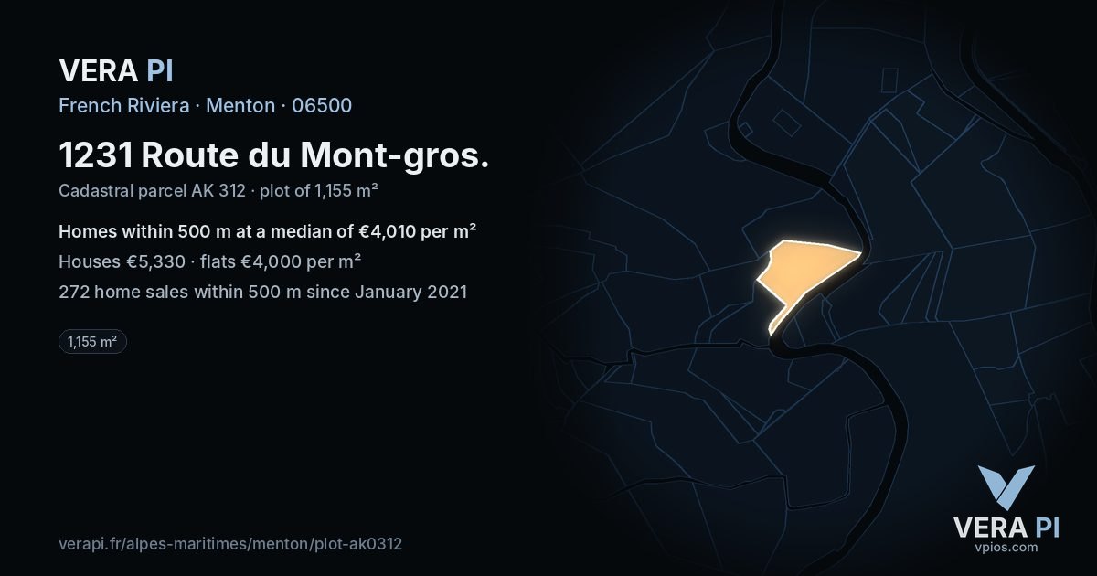 1231 Route du Mont-gros, Menton at night – the plot lit, the parcels around coloured by the prices near them