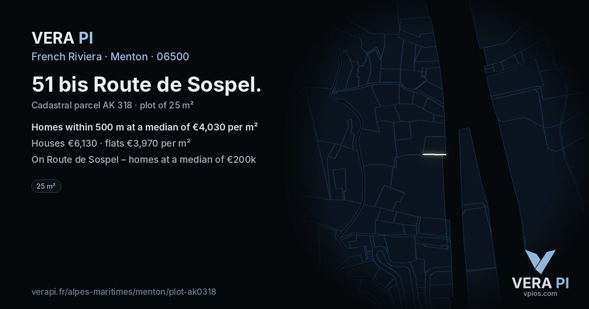 51 bis Route de Sospel, Menton at night – the plot lit, the parcels around coloured by the prices near them