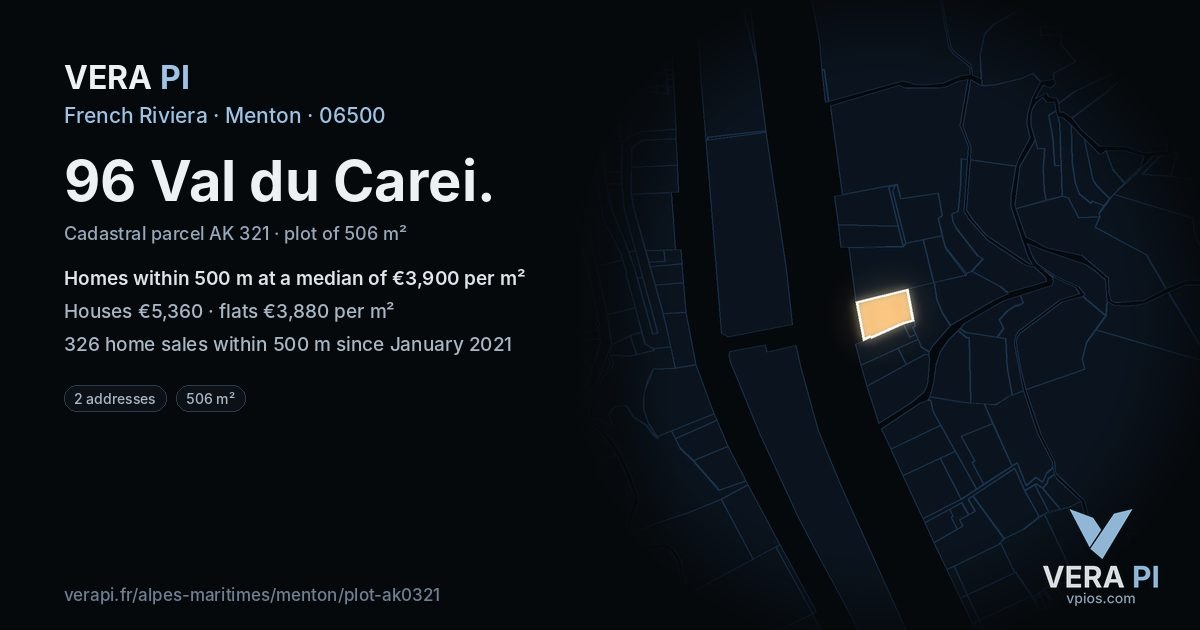 96 Val du Carei, Menton at night – the plot lit, the parcels around coloured by the prices near them