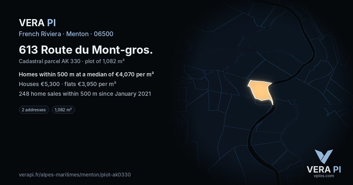 613 Route du Mont-gros, Menton at night – the plot lit, the parcels around coloured by the prices near them
