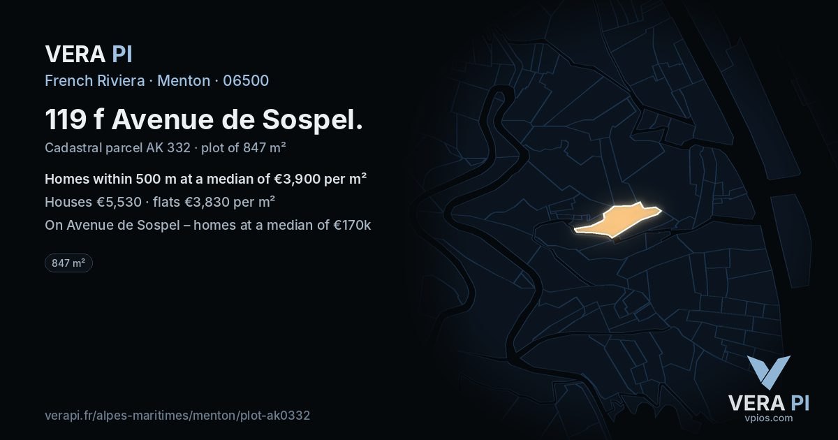 119 f Avenue de Sospel, Menton at night – the plot lit, the parcels around coloured by the prices near them