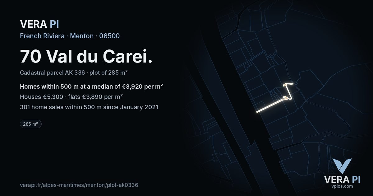70 Val du Carei, Menton at night – the plot lit, the parcels around coloured by the prices near them