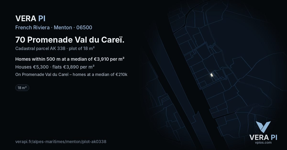 70 Promenade Val du Careï, Menton at night – the plot lit, the parcels around coloured by the prices near them