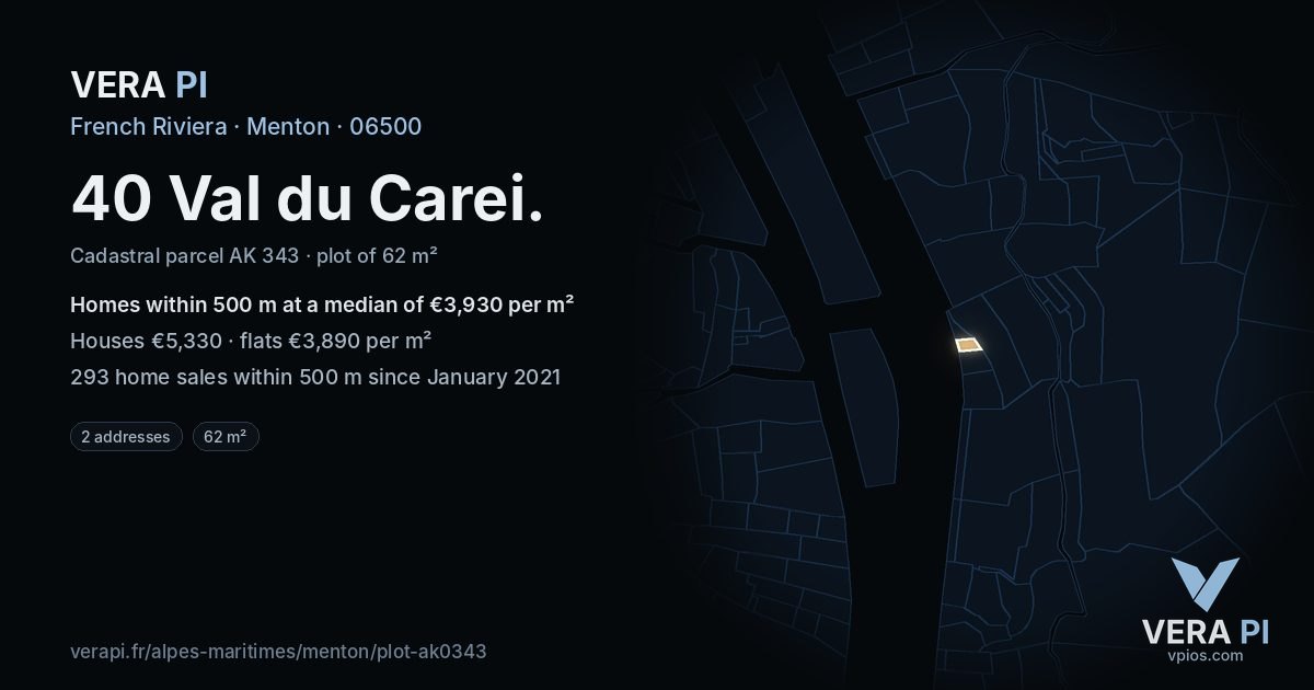 40 Val du Carei, Menton at night – the plot lit, the parcels around coloured by the prices near them