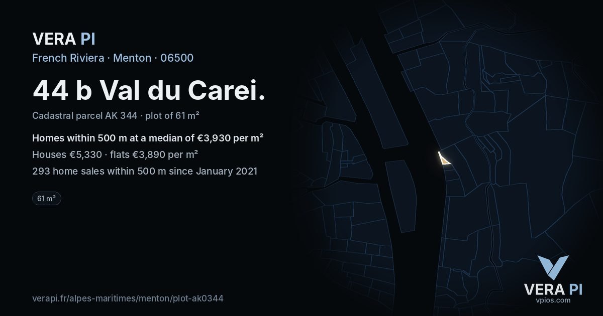 44 b Val du Carei, Menton at night – the plot lit, the parcels around coloured by the prices near them