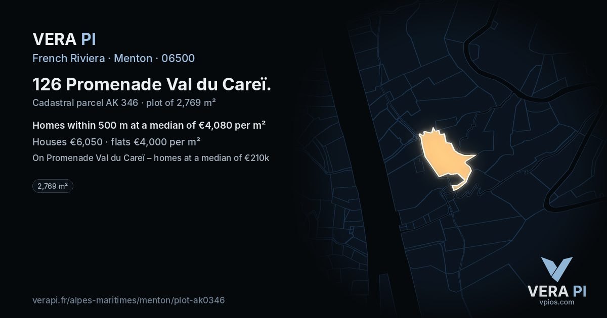 126 Promenade Val du Careï, Menton at night – the plot lit, the parcels around coloured by the prices near them