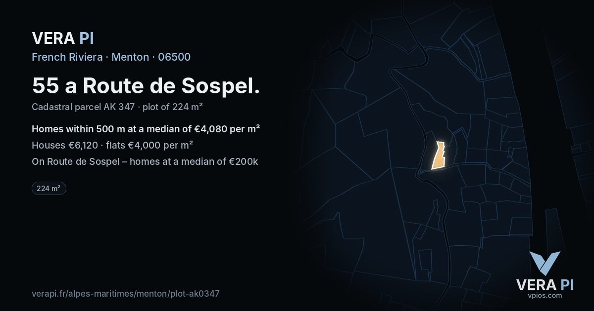 55 a Route de Sospel, Menton at night – the plot lit, the parcels around coloured by the prices near them