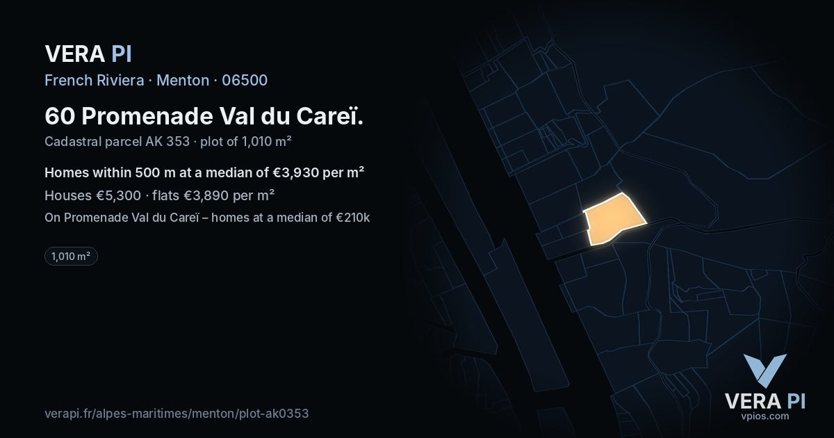 60 Promenade Val du Careï, Menton at night – the plot lit, the parcels around coloured by the prices near them