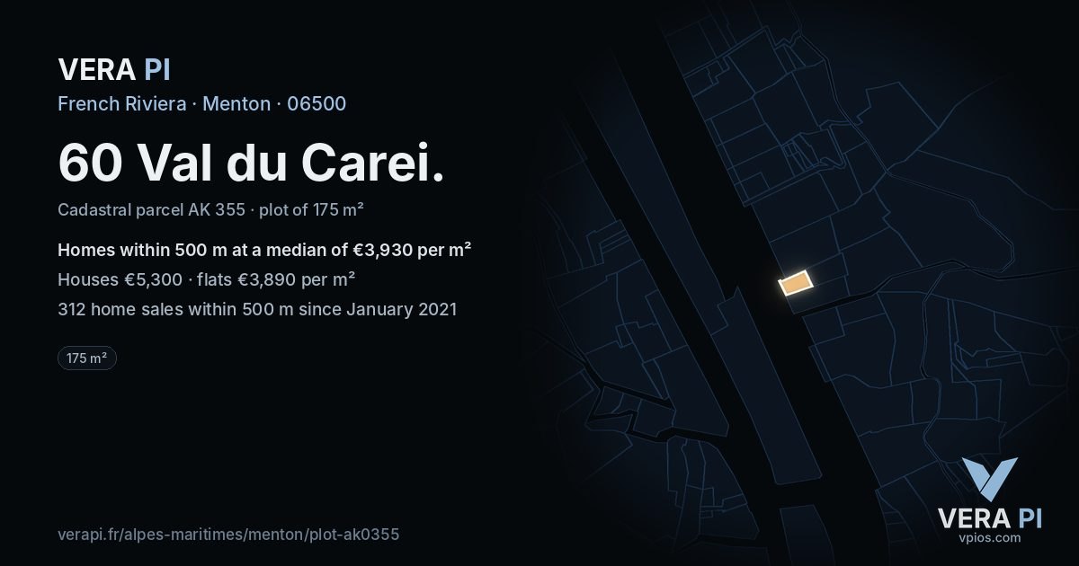 60 Val du Carei, Menton at night – the plot lit, the parcels around coloured by the prices near them