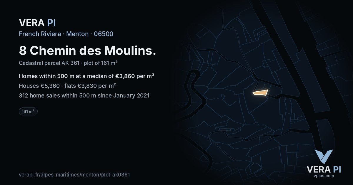 8 Chemin des Moulins, Menton at night – the plot lit, the parcels around coloured by the prices near them