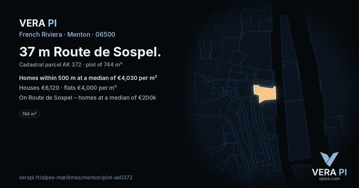 37 m Route de Sospel, Menton at night – the plot lit, the parcels around coloured by the prices near them