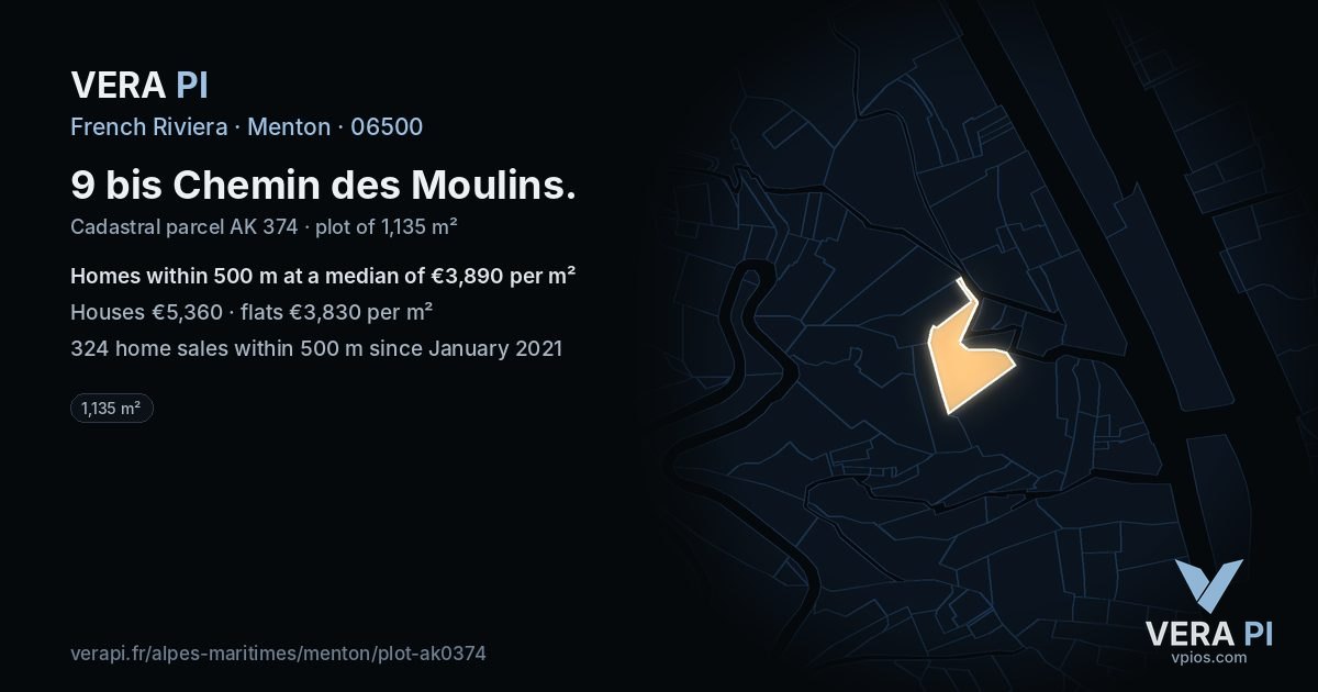 9 bis Chemin des Moulins, Menton at night – the plot lit, the parcels around coloured by the prices near them