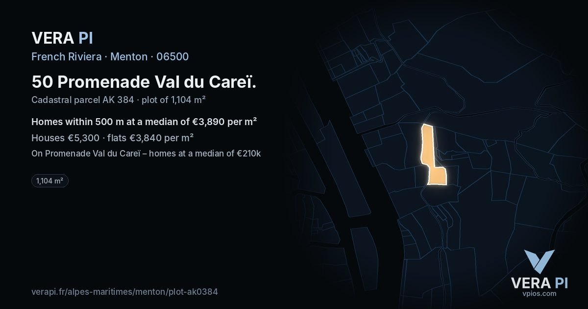 50 Promenade Val du Careï, Menton at night – the plot lit, the parcels around coloured by the prices near them