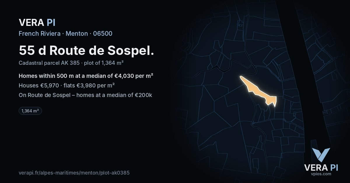 55 d Route de Sospel, Menton at night – the plot lit, the parcels around coloured by the prices near them