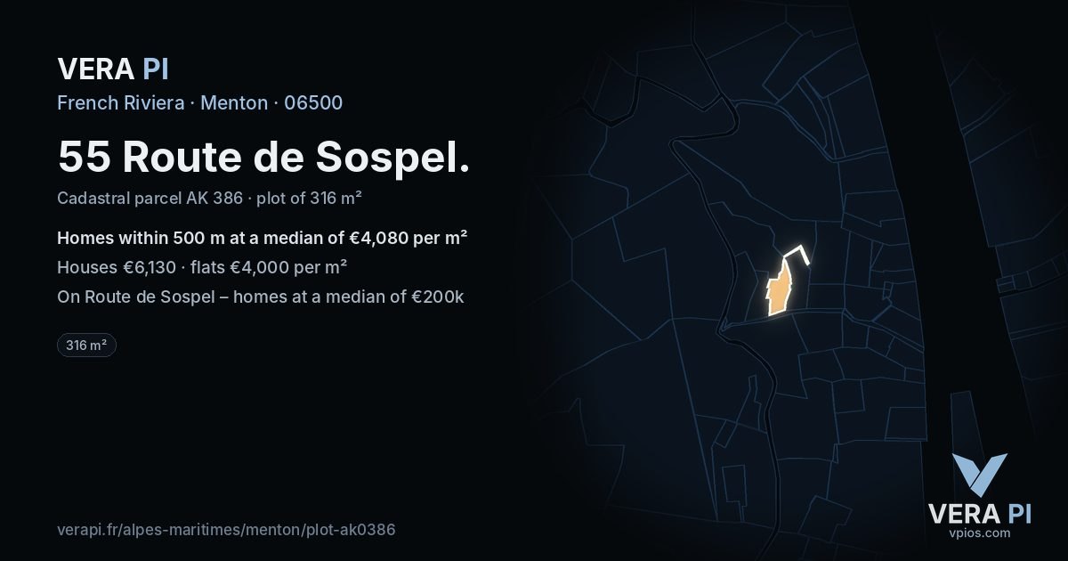 55 Route de Sospel, Menton at night – the plot lit, the parcels around coloured by the prices near them