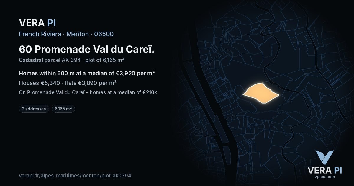 60 Promenade Val du Careï, Menton at night – the plot lit, the parcels around coloured by the prices near them