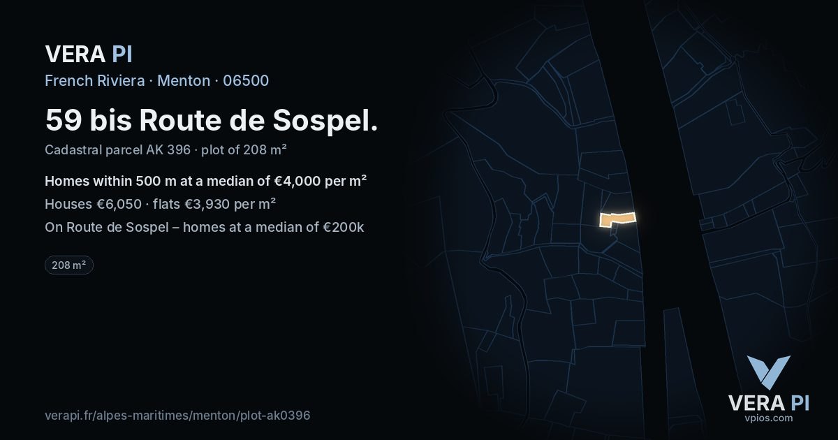 59 bis Route de Sospel, Menton at night – the plot lit, the parcels around coloured by the prices near them