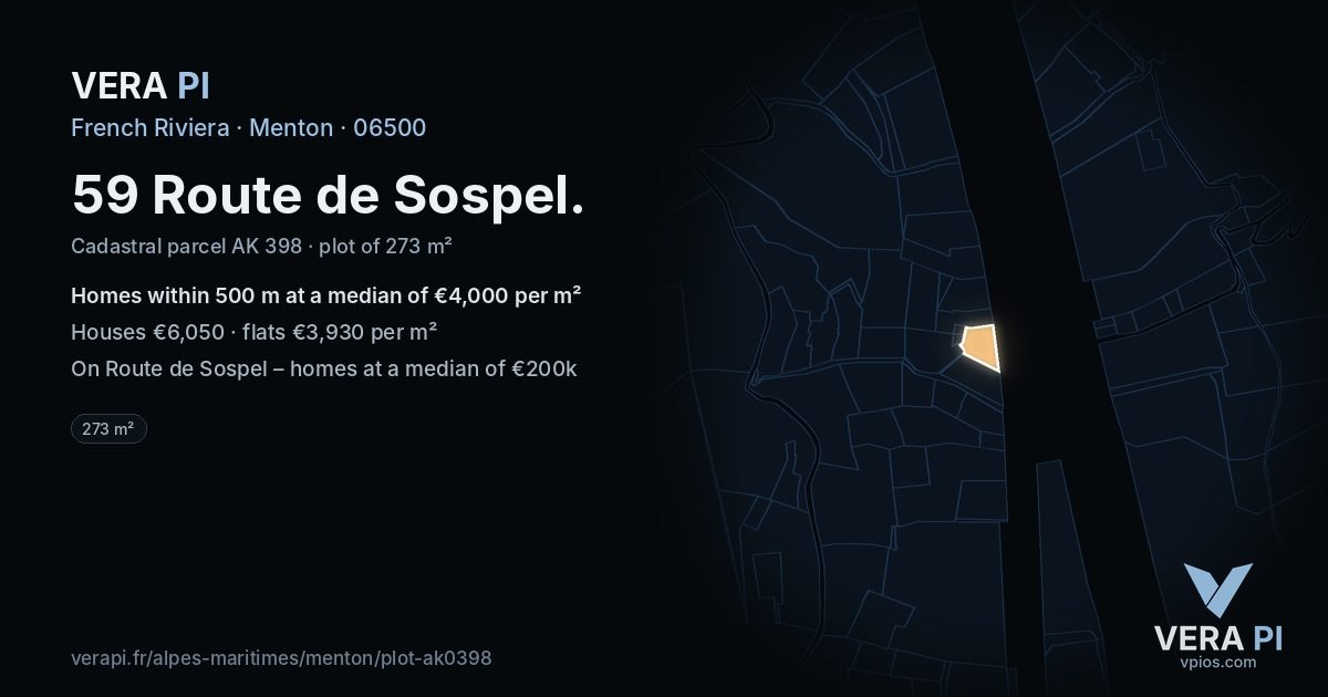 59 Route de Sospel, Menton at night – the plot lit, the parcels around coloured by the prices near them
