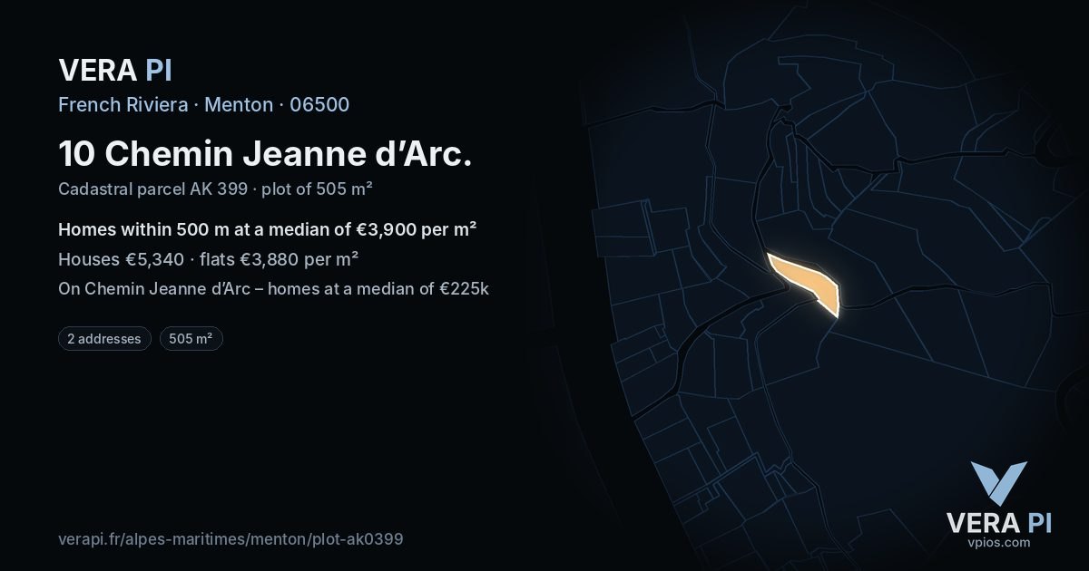 10 Chemin Jeanne d’Arc, Menton at night – the plot lit, the parcels around coloured by the prices near them