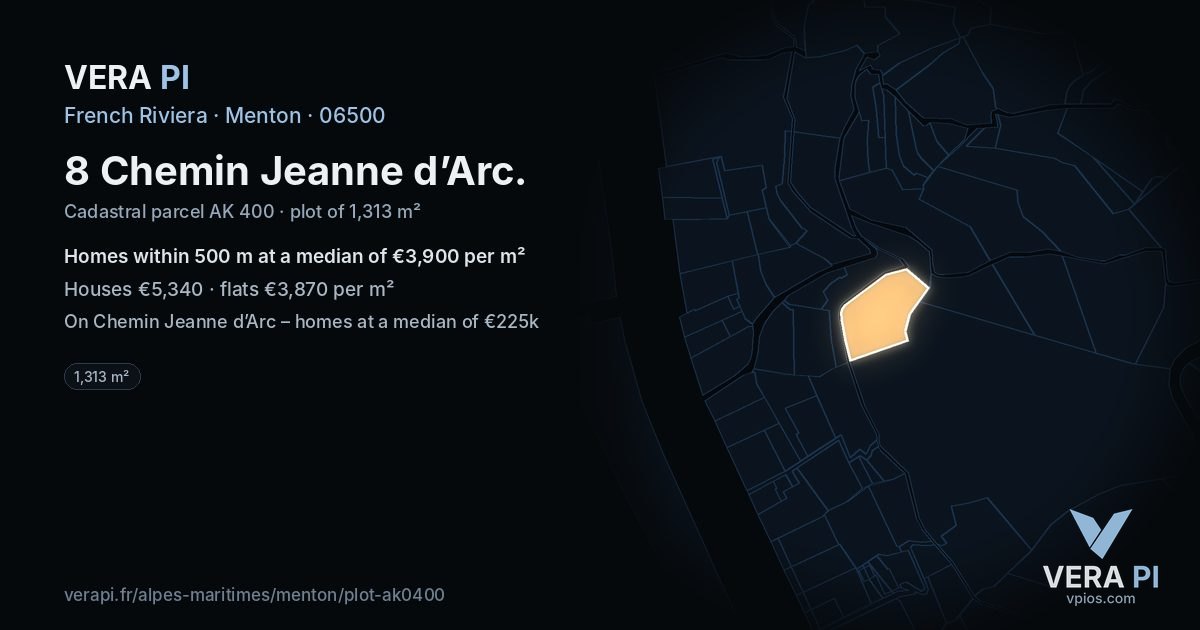 8 Chemin Jeanne d’Arc, Menton at night – the plot lit, the parcels around coloured by the prices near them