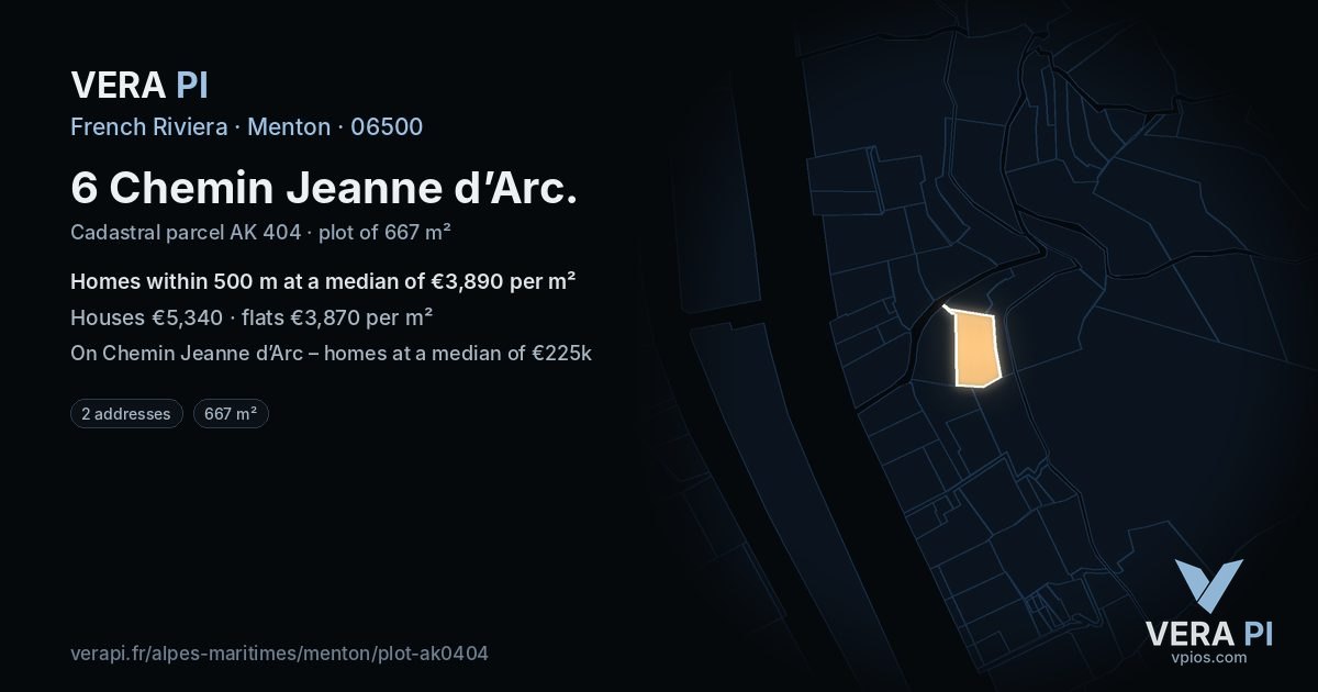 6 Chemin Jeanne d’Arc, Menton at night – the plot lit, the parcels around coloured by the prices near them