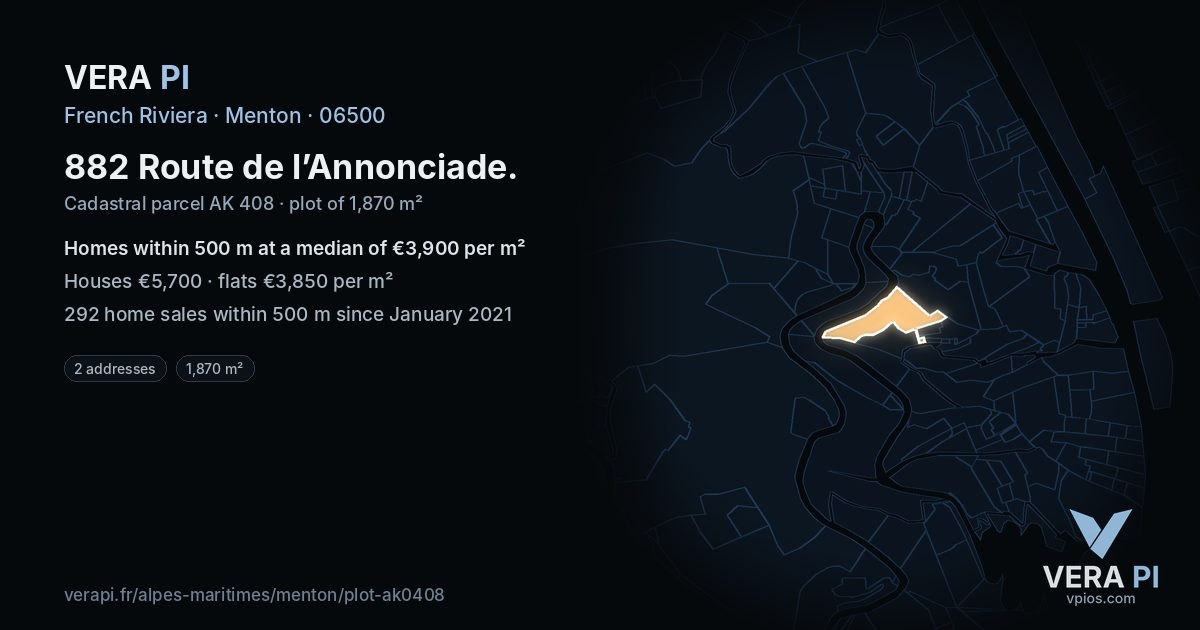 882 Route de l’Annonciade, Menton at night – the plot lit, the parcels around coloured by the prices near them
