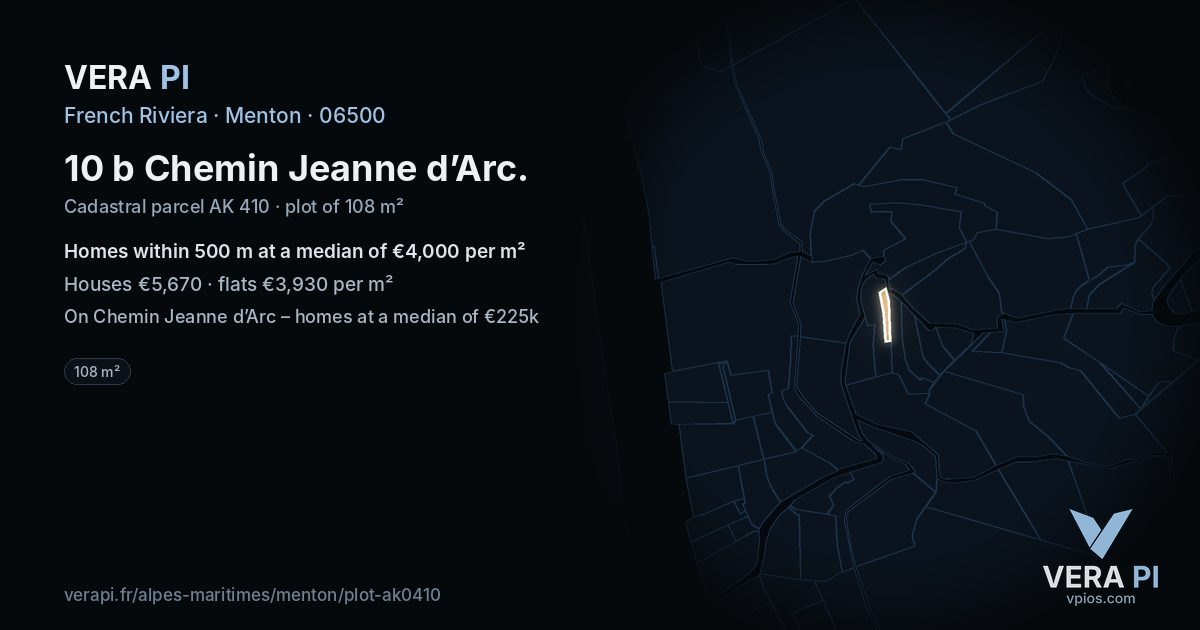 10 b Chemin Jeanne d’Arc, Menton at night – the plot lit, the parcels around coloured by the prices near them