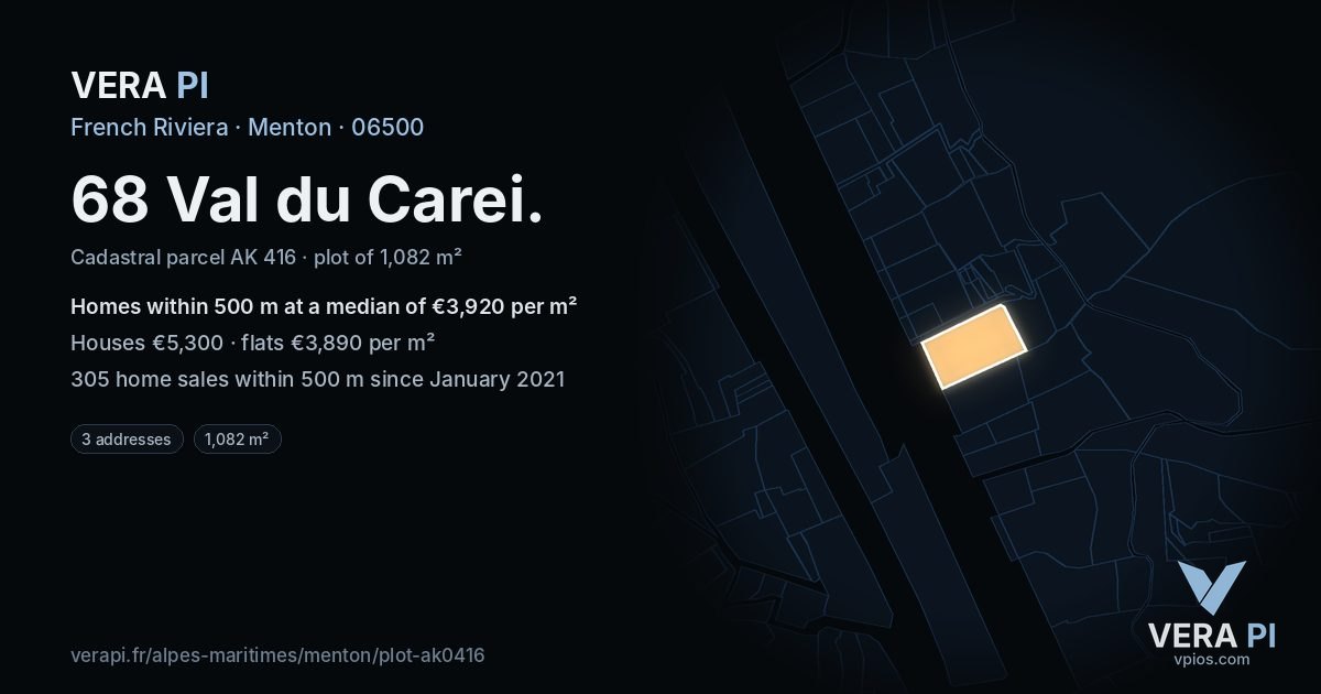 68 Val du Carei, Menton at night – the plot lit, the parcels around coloured by the prices near them