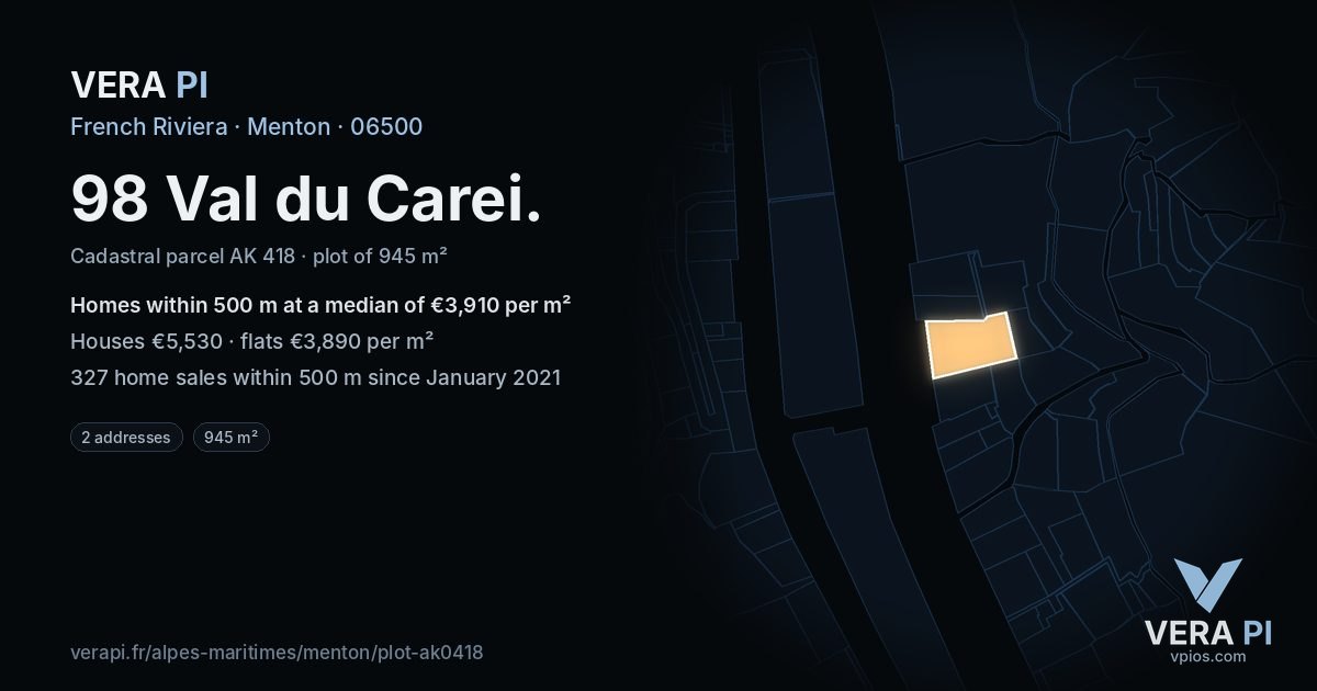 98 Val du Carei, Menton at night – the plot lit, the parcels around coloured by the prices near them
