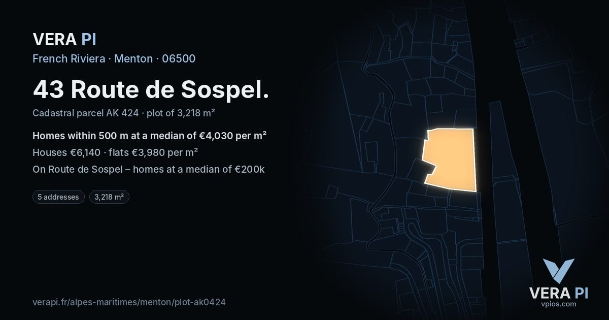 43 Route de Sospel, Menton at night – the plot lit, the parcels around coloured by the prices near them