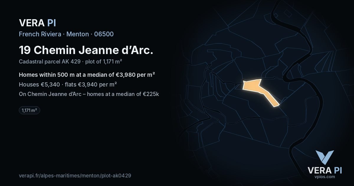 19 Chemin Jeanne d’Arc, Menton at night – the plot lit, the parcels around coloured by the prices near them