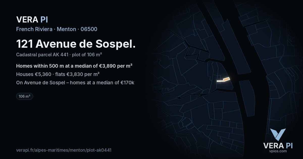 121 Avenue de Sospel, Menton at night – the plot lit, the parcels around coloured by the prices near them