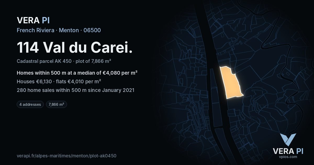 114 Val du Carei, Menton at night – the plot lit, the parcels around coloured by the prices near them