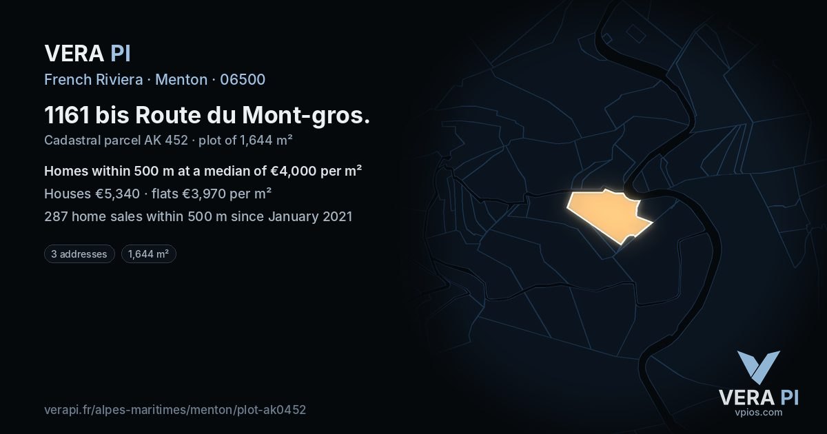 1161 bis Route du Mont-gros, Menton at night – the plot lit, the parcels around coloured by the prices near them