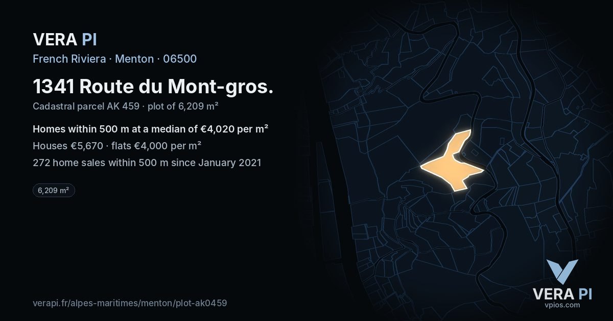 1341 Route du Mont-gros, Menton at night – the plot lit, the parcels around coloured by the prices near them