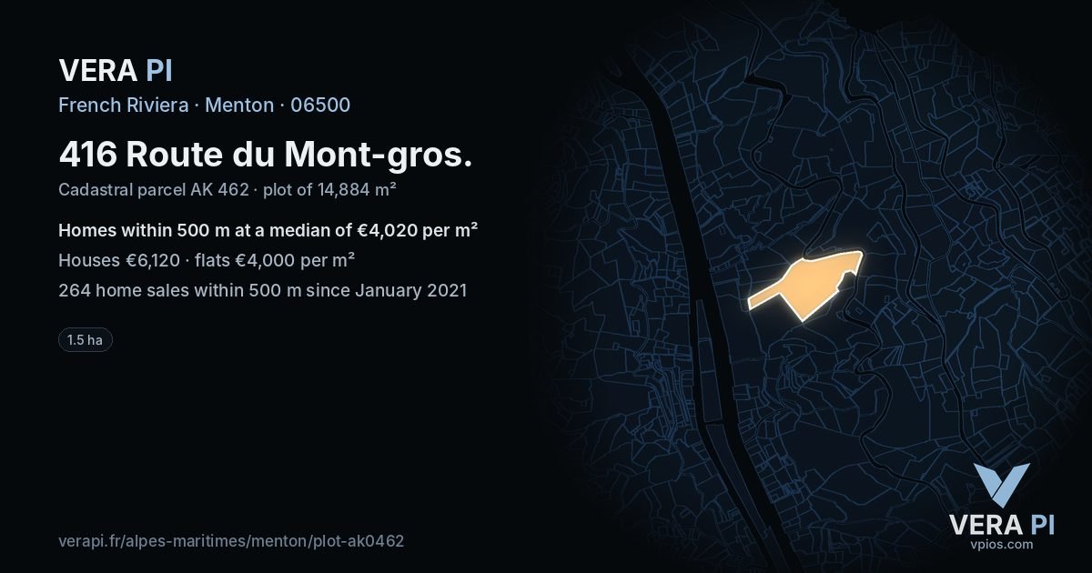 416 Route du Mont-gros, Menton at night – the plot lit, the parcels around coloured by the prices near them