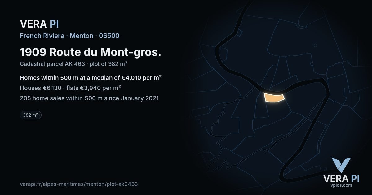 1909 Route du Mont-gros, Menton at night – the plot lit, the parcels around coloured by the prices near them