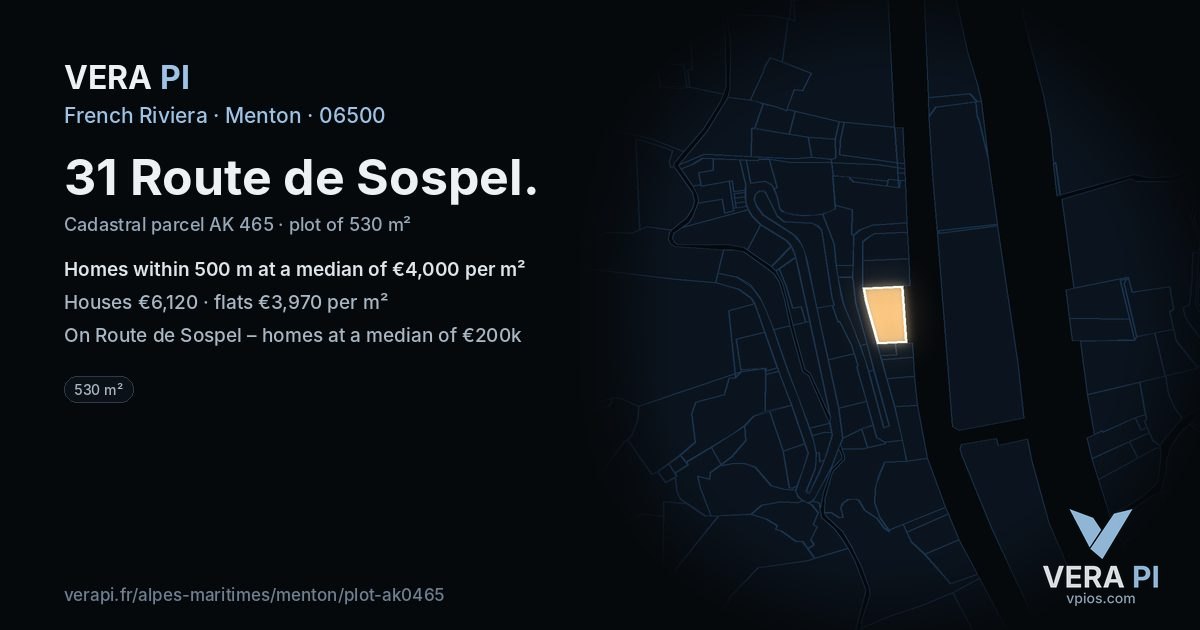 31 Route de Sospel, Menton at night – the plot lit, the parcels around coloured by the prices near them