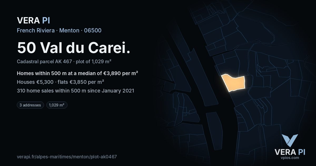 50 Val du Carei, Menton at night – the plot lit, the parcels around coloured by the prices near them