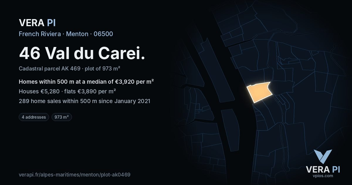 46 Val du Carei, Menton at night – the plot lit, the parcels around coloured by the prices near them