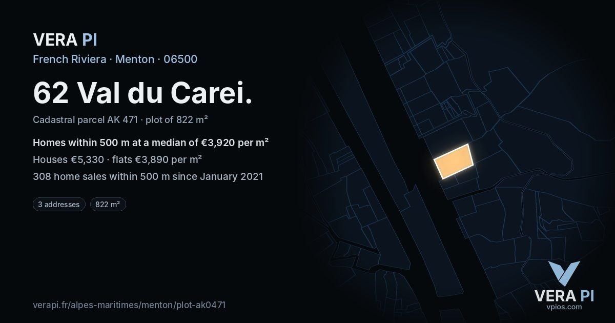62 Val du Carei, Menton at night – the plot lit, the parcels around coloured by the prices near them