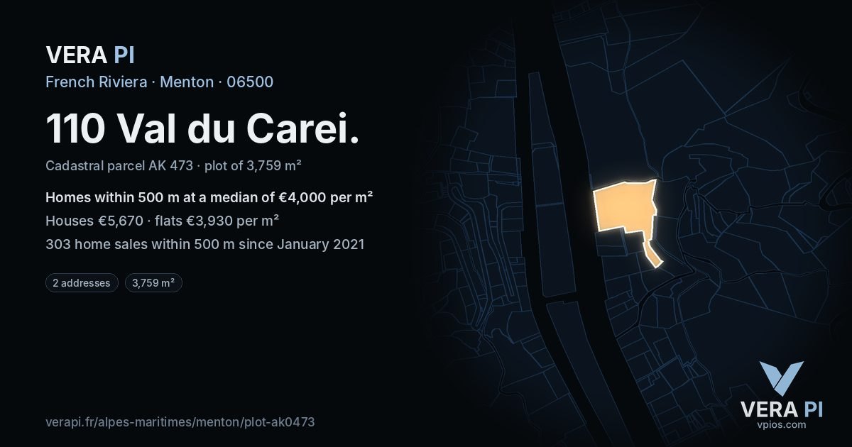 110 Val du Carei, Menton at night – the plot lit, the parcels around coloured by the prices near them